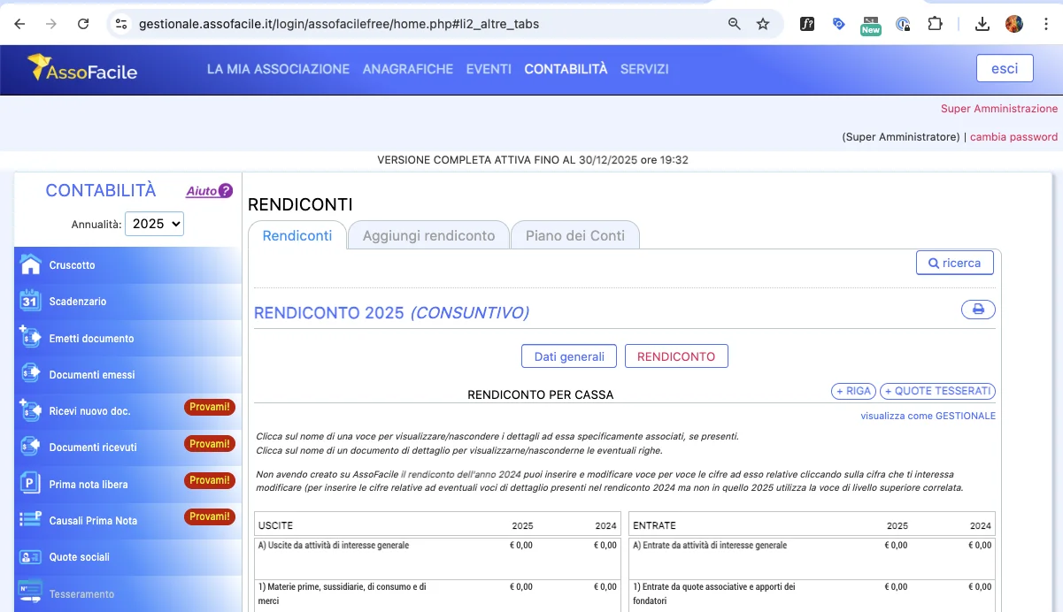 Screenshot gestionale AssoFacile - Contabilità: rendiconto consuntivo ASD con piano dei conti e movimenti di cassa