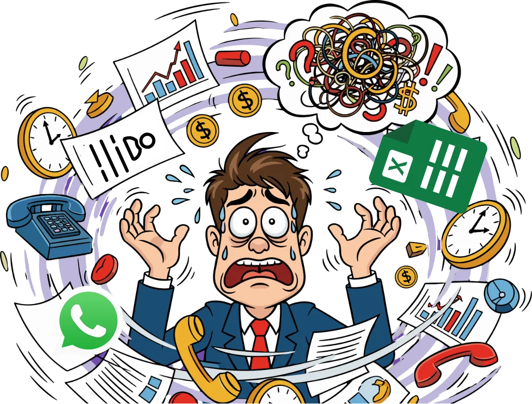 Illustrazione: direttore associazione stressato con Excel, WhatsApp e scartoffie prima di usare AssoFacile